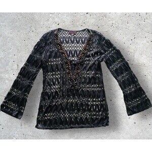 HALE BOB Blouse Women’s Lace Beaded Tie Front Black Top V-Neck Size Medium